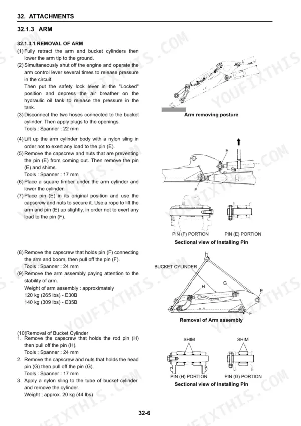 New Holland E30B, E35B service manual: procedures for removing the arm assembly and bucket cylinder with component diagrams.