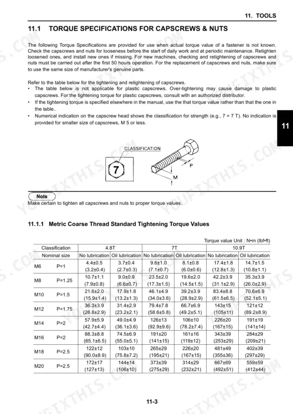 New Holland E30B, E35B torque specifications table for metric coarse thread capscrews and nuts with classification diagram.
