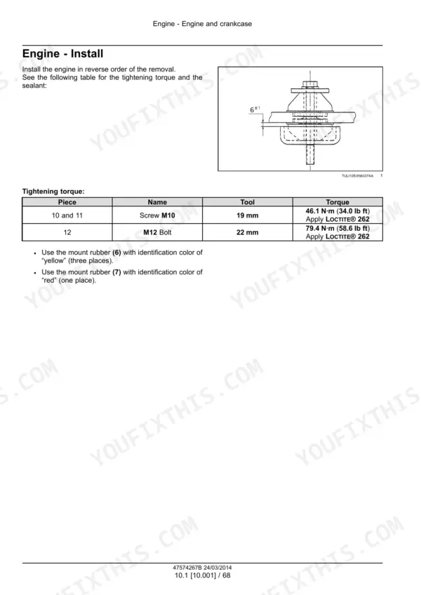 New Holland E35B SR, E39B SR engine installation procedure, mount rubber diagram, and M10/M12 bolt tightening torque table.
