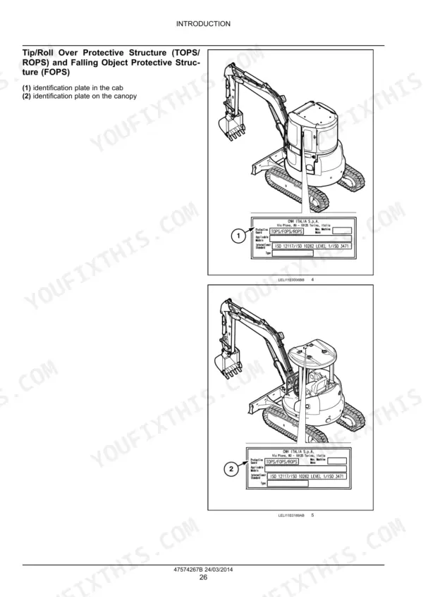 New Holland E35B SR, E39B SR identification plate locations for TOPS, ROPS, and FOPS protective structures on cab and canopy.