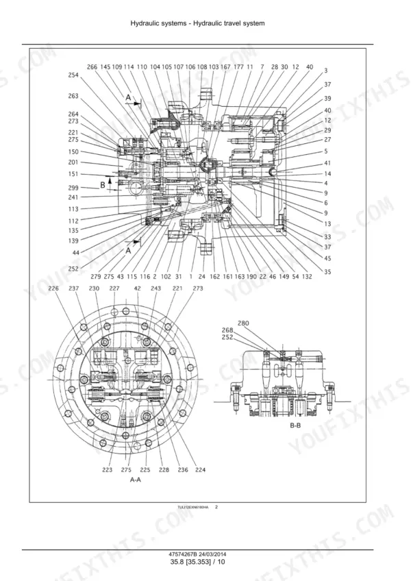 New Holland E35B SR, E39B SR hydraulic travel system exploded view diagram showing travel motor components and cross-sections.
