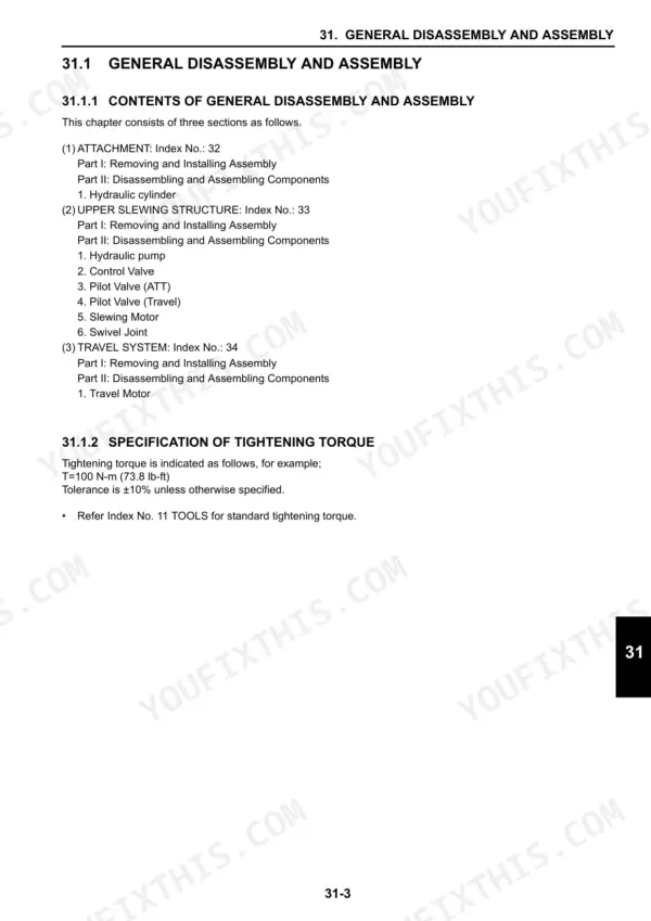 New Holland E55B service manual table of contents for general disassembly, assembly, and tightening torque specifications.