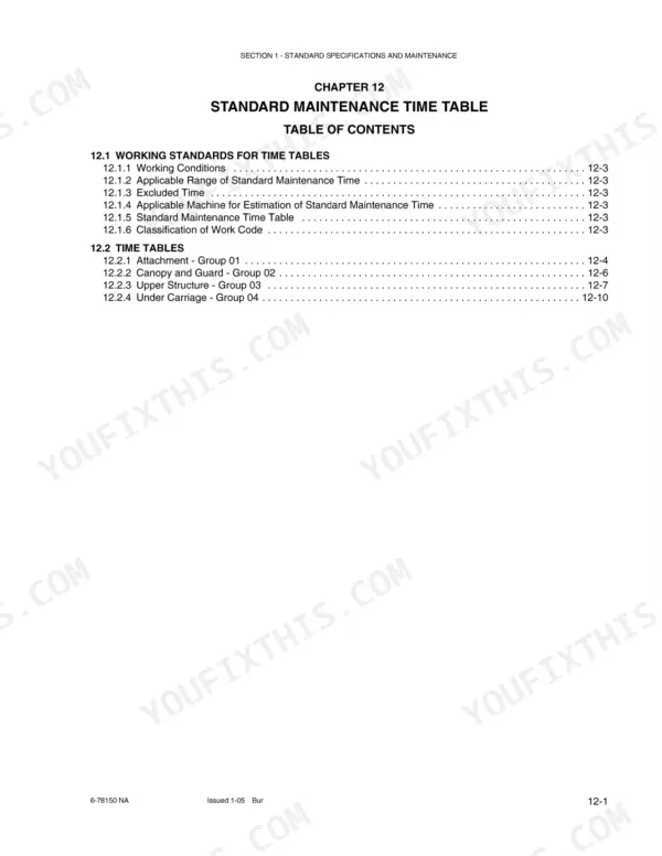 New Holland EH27.B service manual Chapter 12 table of contents for standard maintenance time tables and working standards.