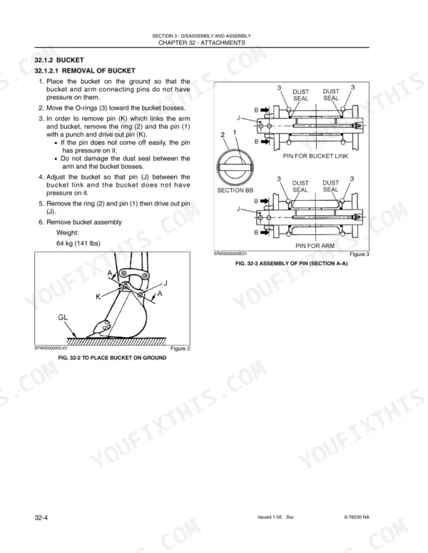 New Holland EH27.B bucket removal procedure, showing pin and dust seal assembly diagrams for bucket link and arm connections.