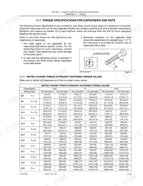 New Holland EH27.B torque specifications table for metric coarse thread capscrews and nuts, including lubrication values.