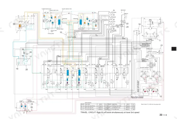 New Holland EH45, SK45SR-2 hydraulic system diagram showing travel circuit, control valves, and valve pressure specifications table.