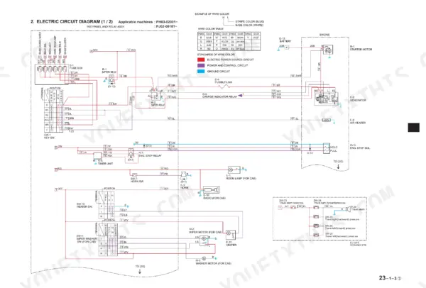 new-holland-eh45-compact-excavator-service-manual-6-75750-wiring-134.webp New Holland EH45, SK45SR-2 electric circuit diagram showing instrument panel, relay assembly, and wire color table.