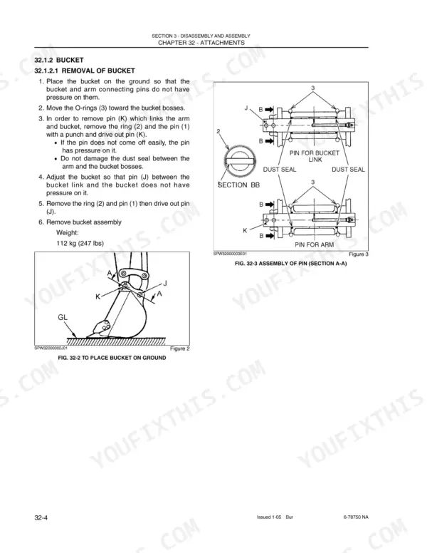New Holland EH50.B bucket removal procedure, diagrams for pin assembly, bucket link, and arm connection points.