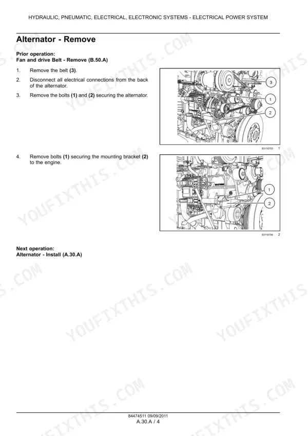 New Holland F3DE3684A...F3DFE613B service manual page showing alternator removal procedure with diagrams of mounting bolts and bracket.