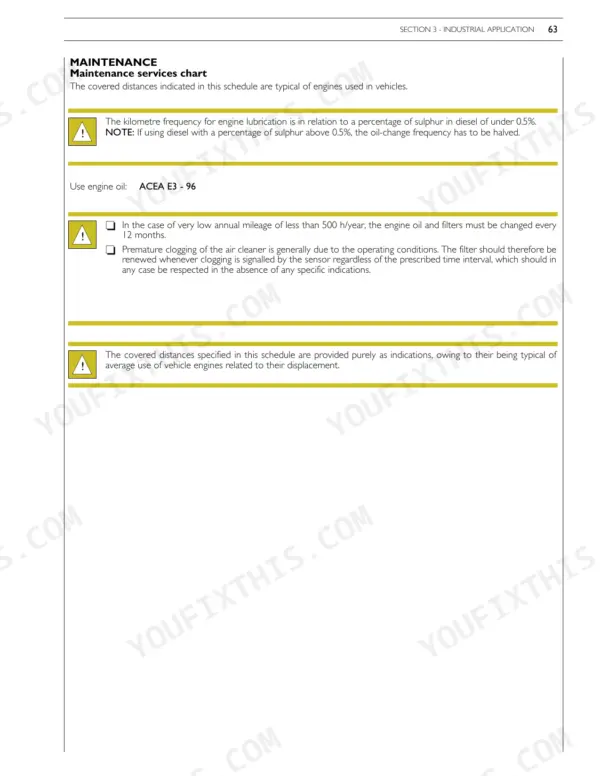 New Holland F3BE0684H, F3BE0684G maintenance services chart for engine oil, air filter, and sulphur content requirements.