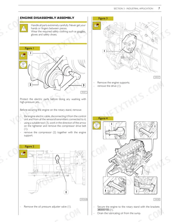 New Holland F3BE0684H, F3BE0684G engine disassembly procedures, showing compressor removal, oil pressure valve, and rotary stand mounting.