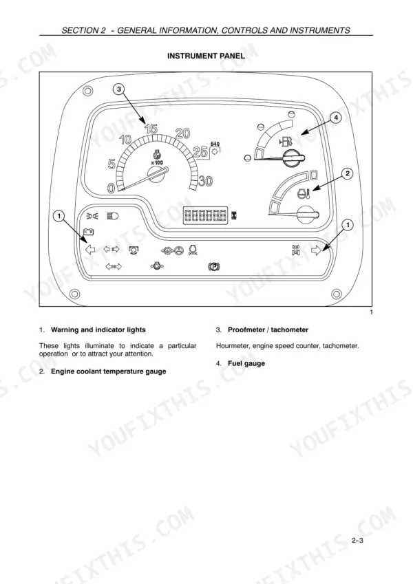 new-holland-f480-tractor-operator-manual-84409819-controls-42.webp New Holland F480 instrument panel diagram showing tachometer, fuel gauge, coolant temperature gauge, and indicator lights.