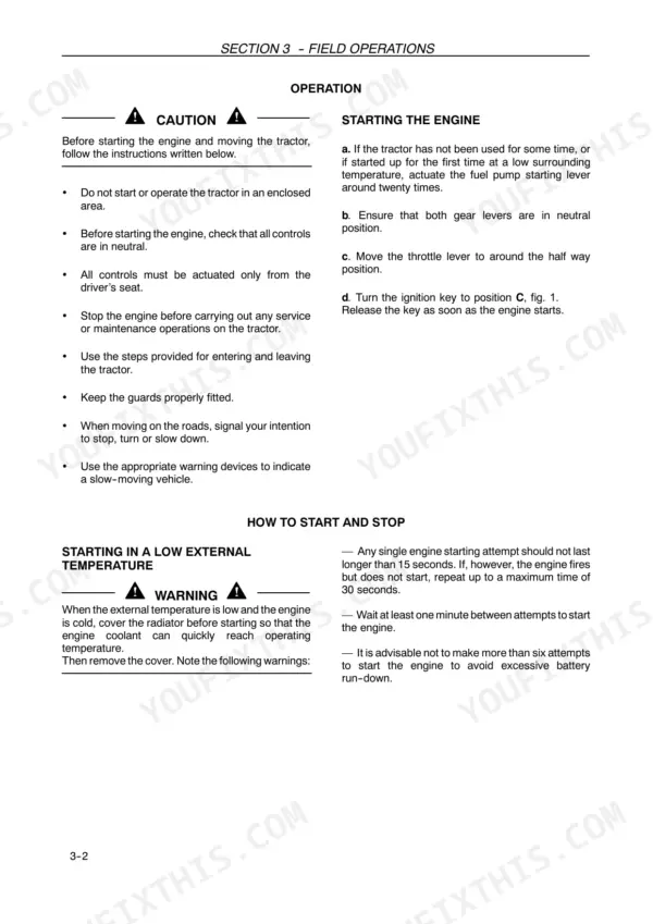 New Holland F480 operator manual page detailing engine starting procedures, safety precautions, and cold weather starting instructions.