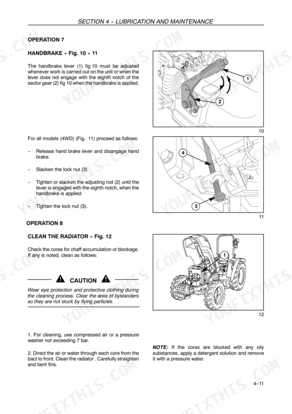 New Holland F480 handbrake adjustment procedure and radiator cleaning instructions with component diagrams.