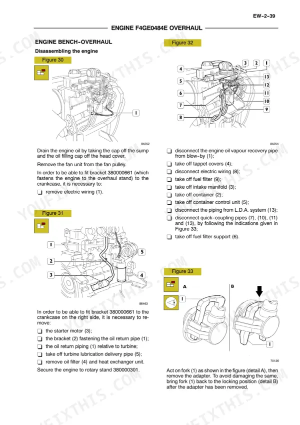 New Holland F4GE, F4HE, F4AE, F4BE engine overhaul disassembly procedures and diagrams.