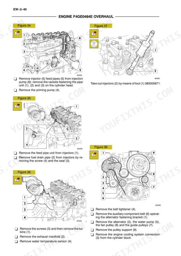 New Holland F4GE, F4HE, F4AE, F4BE engine overhaul procedures for injectors, turbine, and belts.