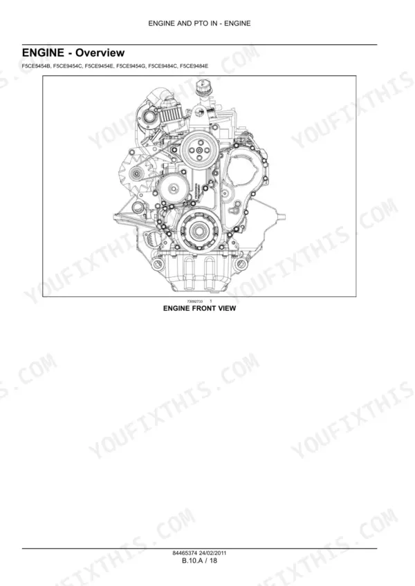 New Holland F5AE5484A...F5CE9484E engine service manual page showing a technical line drawing of the engine front view.