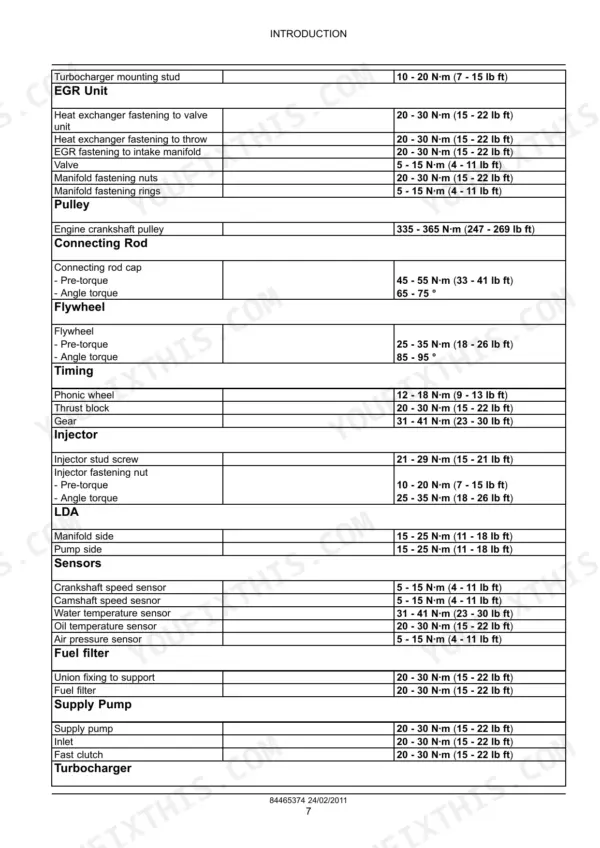 New Holland F5AE5484A...F5CE9484E engine torque specification table for turbocharger, EGR, flywheel, sensors, and fuel system components.