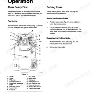 New Holland GT20 operator manual page showing controls diagram, parking brake setting and releasing procedures.