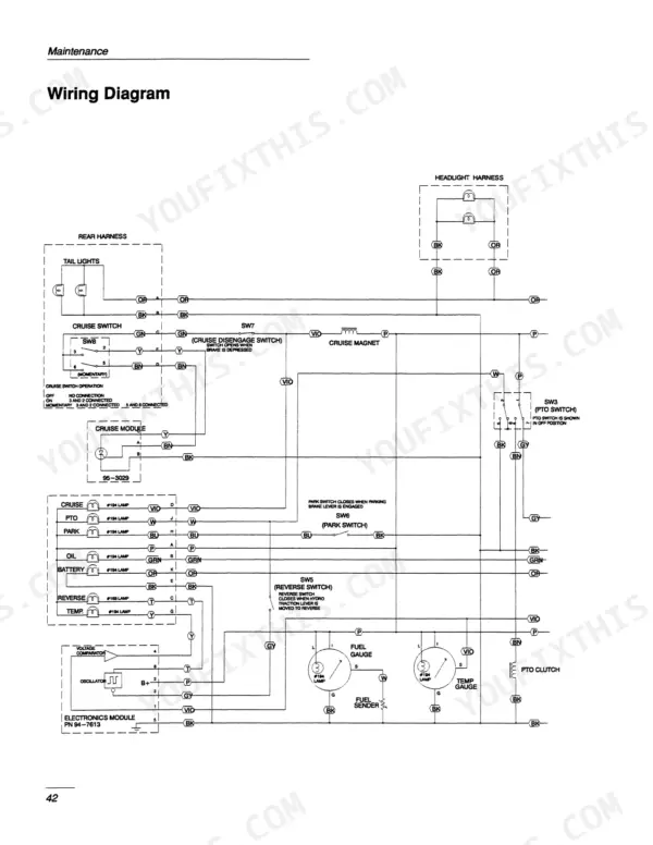 New Holland GT20 wiring diagram showing cruise, PTO, park, reverse switches, headlight harness, and electronics module.