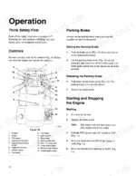 new-holland-gt22-garden-tractor-operator-manual-86602568-operations-24.webp New Holland GT22 operator manual showing parking brake procedures, engine starting steps, and a diagram of tractor controls.