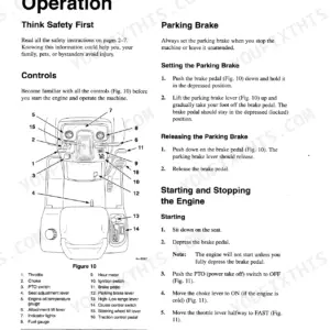 New Holland GT22 operator manual showing parking brake procedures, engine starting steps, and a diagram of tractor controls.