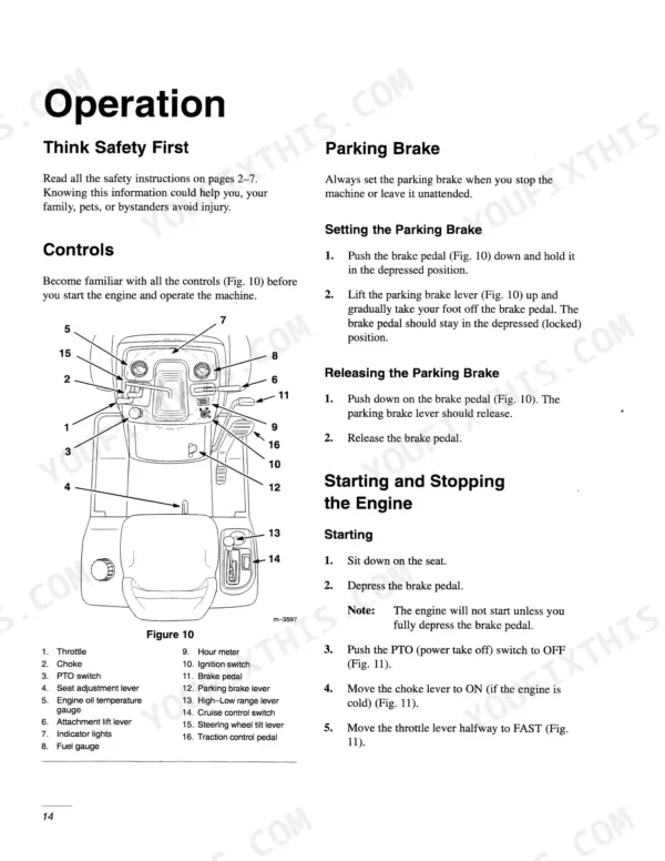 new-holland-gt22-garden-tractor-operator-manual-86602568-operations-24.webp New Holland GT22 operator manual showing parking brake procedures, engine starting steps, and a diagram of tractor controls.