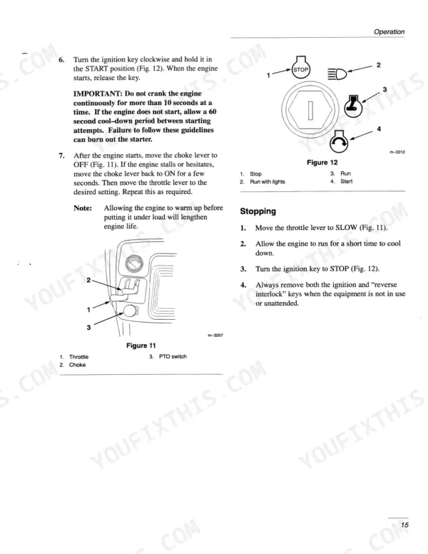 New Holland GT22 operation manual showing ignition switch positions and throttle, choke, and PTO switch control procedures.