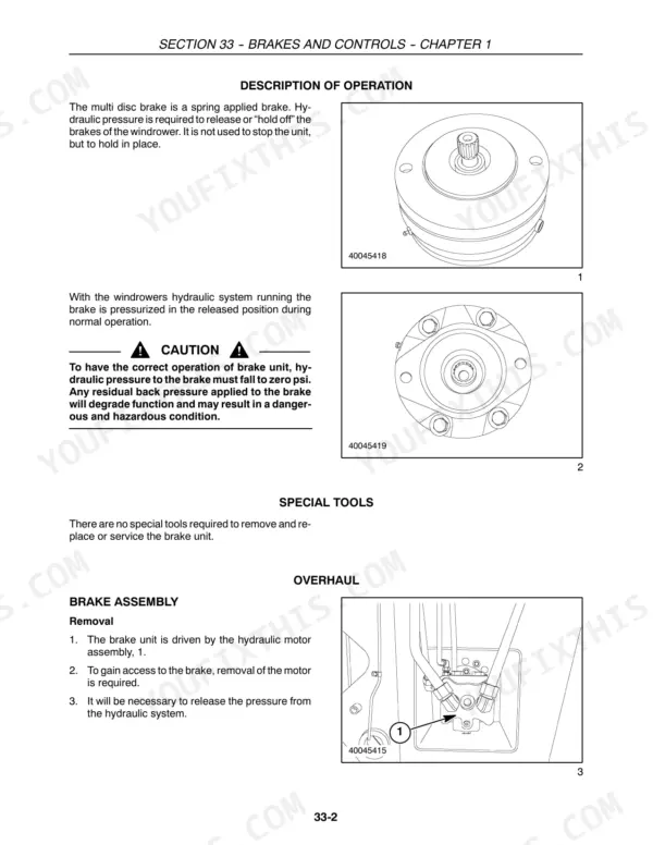 new-holland-hw345-hw365-self-propelled-windrower-repair-manual-87576216-brakes-and-controls-398.webp New Holland HW345, HW365 repair manual, Brakes and Controls: spring-applied multi-disc brake operation