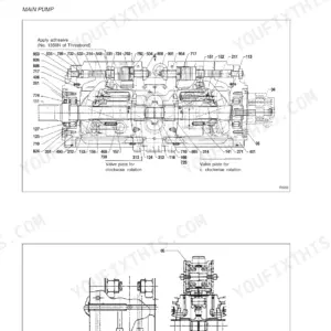New Holland Kobelco E265, E305 hydraulic pump assembly construction diagram showing main pump components and valve plates.