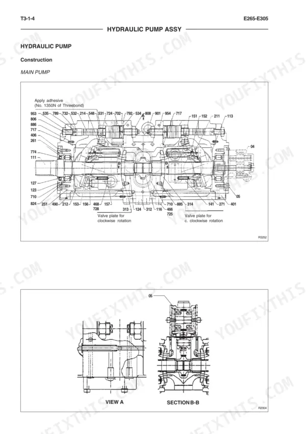 new-holland-kobelco-e265-e305-hydraulic-excavator-workshop-manual-604-13-674-exploded-view-190.webp New Holland Kobelco E265, E305 hydraulic pump assembly construction diagram showing main pump components and valve plates.