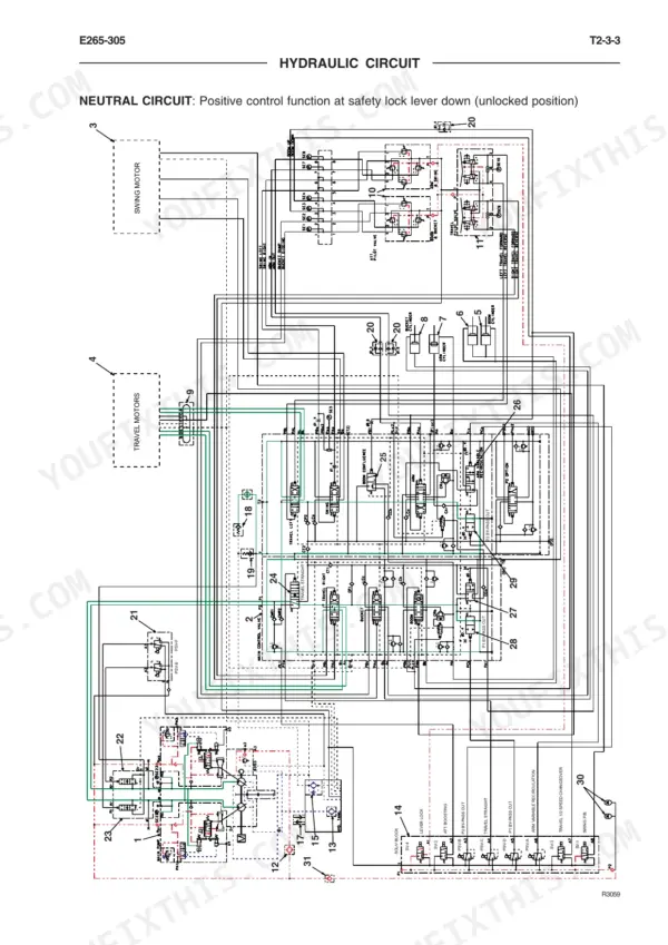 New Holland Kobelco E265, E305 hydraulic circuit diagram showing neutral circuit with safety lock lever in unlocked position.