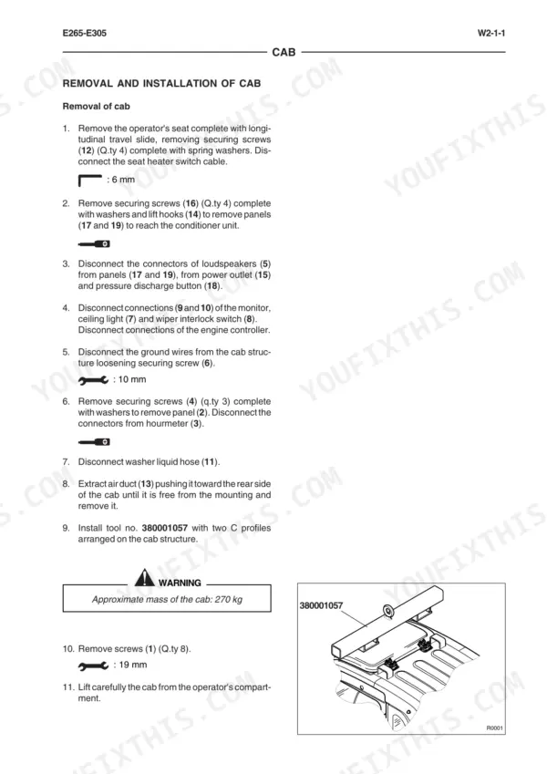 New Holland Kobelco E265, E305 cab removal and installation procedure steps and lifting tool diagram.