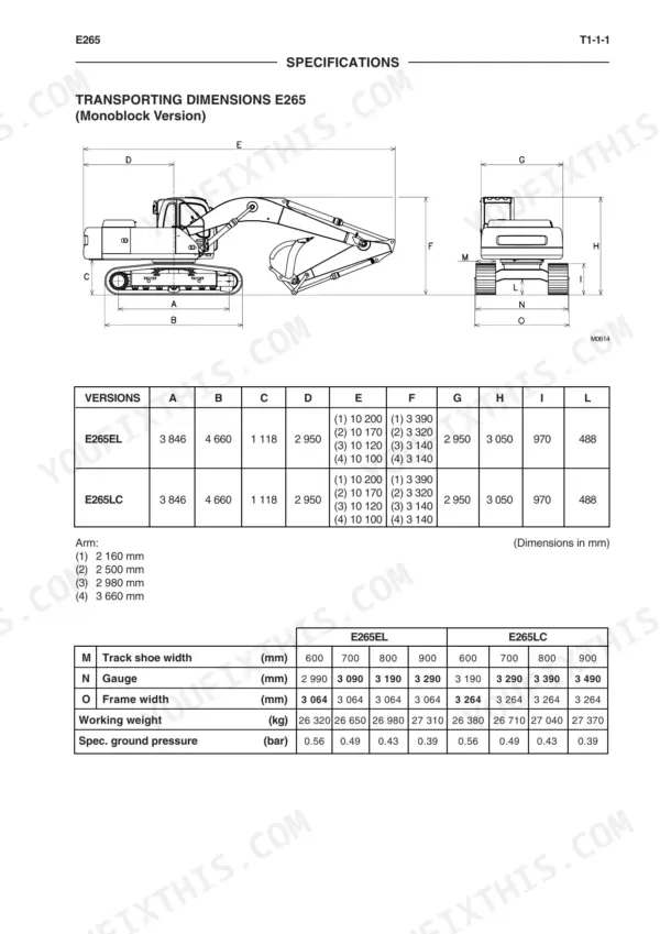 New Holland Kobelco E265, E305 monoblock transport dimensions diagram and technical specification tables for EL and LC models.