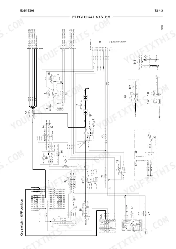 New Holland Kobelco E265, E305 electrical system wiring diagram showing battery, starter, key switch, and fuse box connections.