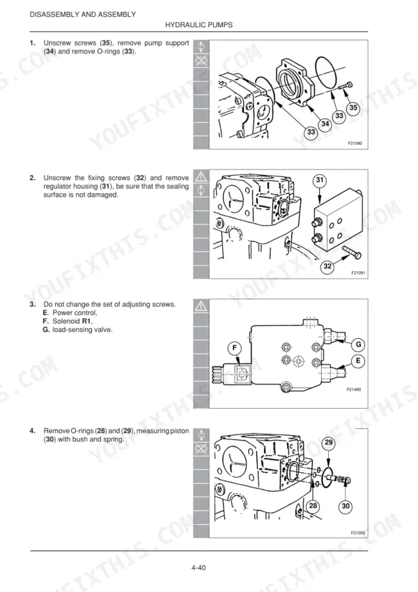 New Holland Kobelco MH4.6, MHPlusC hydraulic pump disassembly procedure showing pump support, regulator housing, and valves.