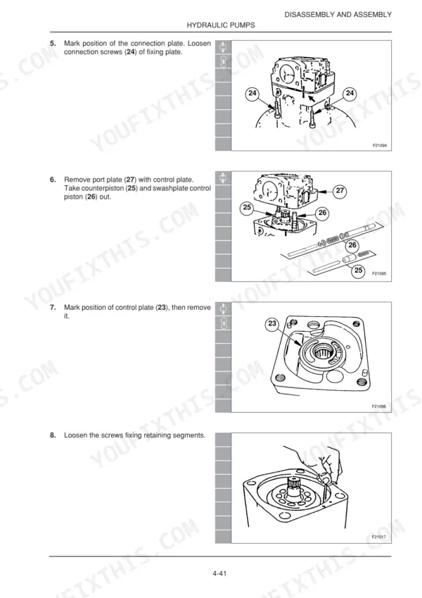 New Holland Kobelco MH4.6, MHPlusC hydraulic pump disassembly procedure showing port plate, control plate, and piston removal.