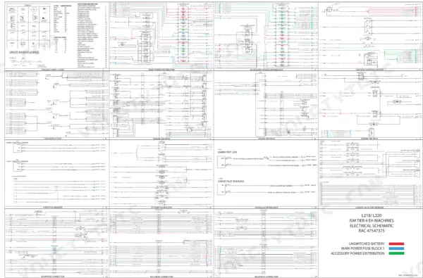 New Holland L218, L220 electrical schematic poster for EH machines with common rail engine circuits, symbol legend and wire color chart