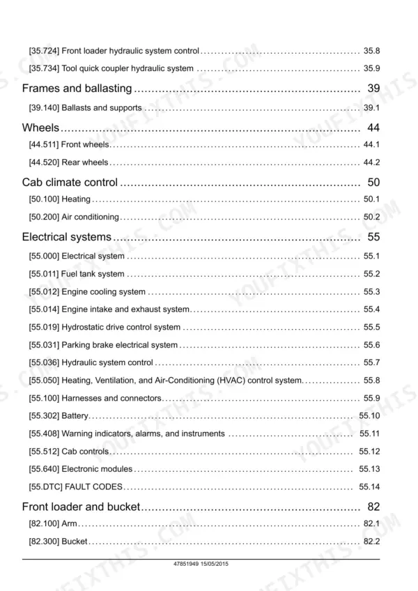 New Holland L218, L220 service manual contents: hydraulic, frames and ballasting, wheels and cab climate chapters