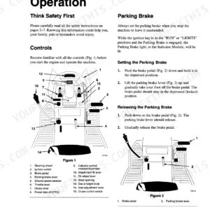 New Holland LS45-17H operation manual showing parking brake procedures and control diagrams with numbered component list.