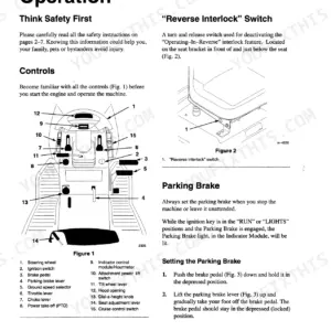 New Holland LS55-20H operation manual showing controls diagram, reverse interlock switch, and parking brake setting procedure.