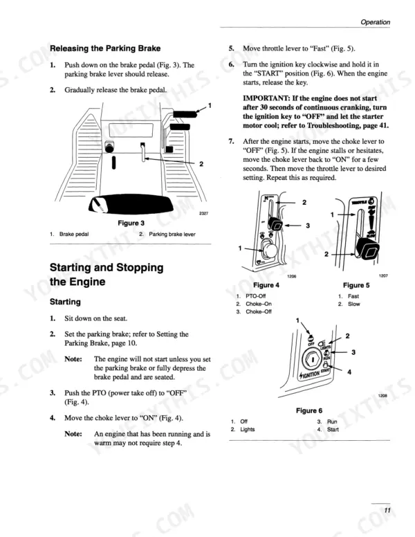 New Holland LS55-20H operator manual page showing procedures for releasing the parking brake and starting the engine.
