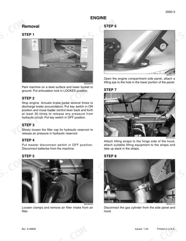 New Holland LW 170.B engine removal procedures, steps 1-8 showing air filter, hood, and side panel disassembly.