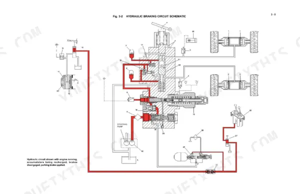 New Holland LW270 hydraulic braking circuit schematic showing accumulators and brake system components.