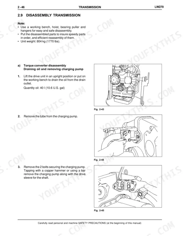 New Holland LW270 transmission disassembly procedure, draining oil and removing the charging pump with diagrams.