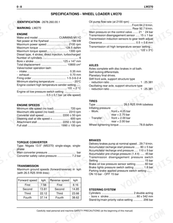 New Holland LW270 wheel loader technical specifications table including engine, transmission, axle, brake, and steering system data.