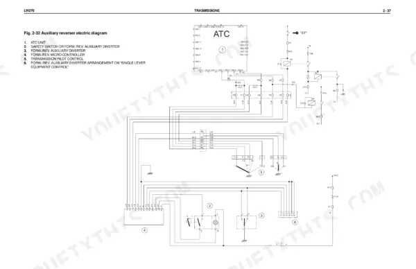 New Holland LW270 auxiliary reverser electric wiring diagram showing ATC unit, safety switches, and transmission pilot control.