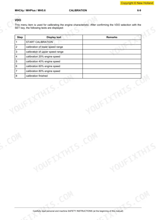 New Holland MHCity, MHPlus, MH5.6 VDO engine characteristic calibration table showing step-by-step display text sequences.