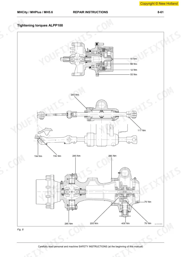 New Holland MHCity, MHPlus, MH5.6 tightening torque specifications and exploded view diagrams for ALPP100 components.