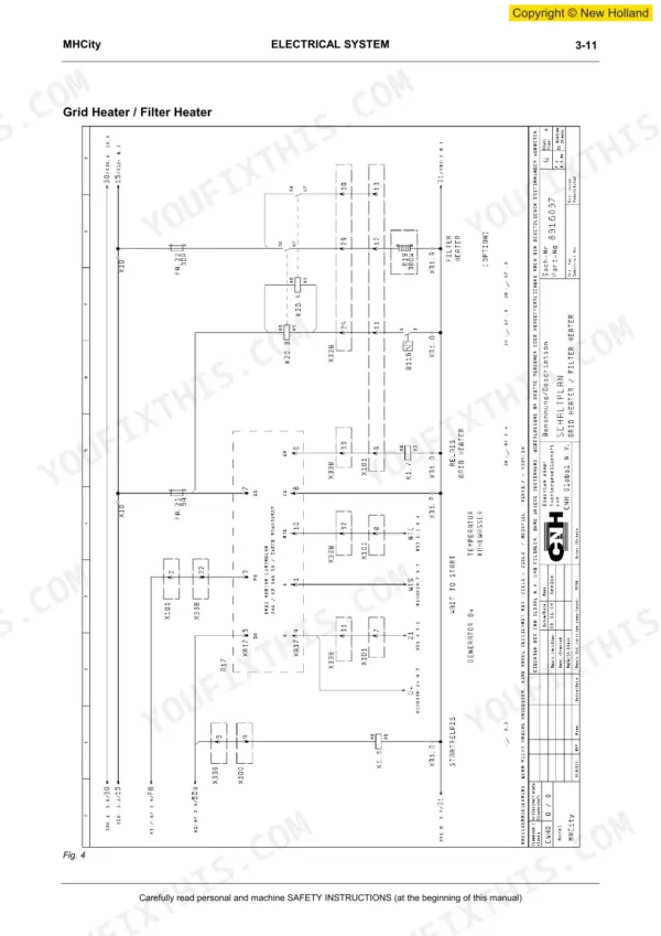 New Holland MHCity, MHPlus, MH5.6 electrical system wiring diagram for grid heater and filter heater components.